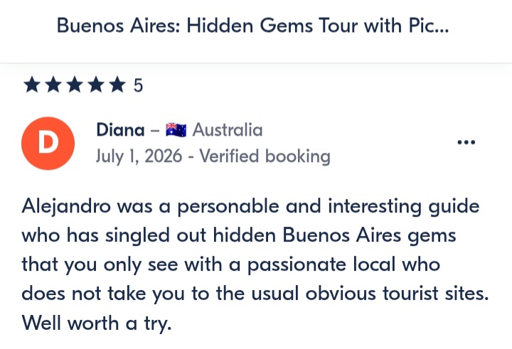 Another review from our passengers rating our Buenos Aires' Hidden Gems Tour.