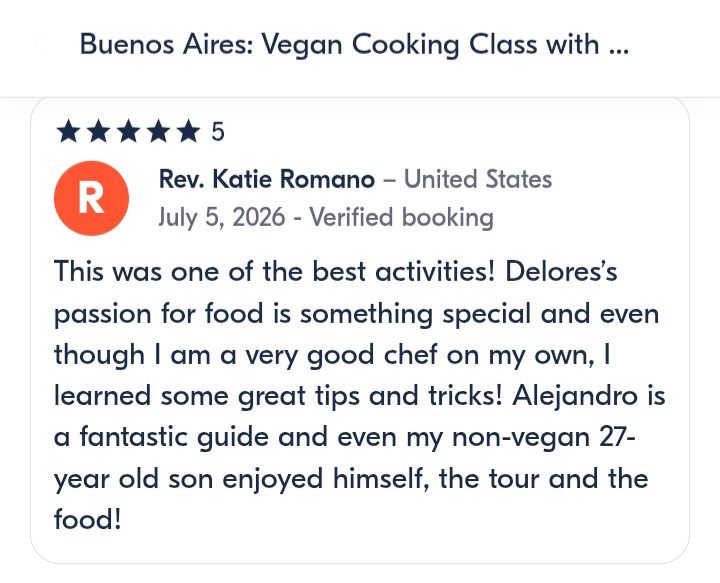 A review from our passengers rating our Buenos Aires' Vegan Cooking Class.