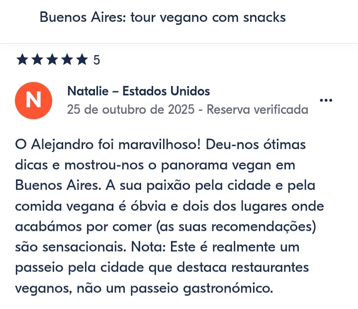 Avaliações dos nossos passageiros dos nossos tours veganos em Buenos Aires. Seus comentários refletem melhor quem somos e o que oferecemos.