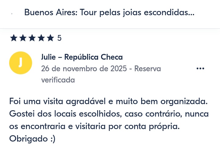 Avaliações dos nossos passageiros dos nosso tour pelas joias escondidas de Buenos Aires. Seus comentários refletem melhor quem somos e o que oferecemos.
