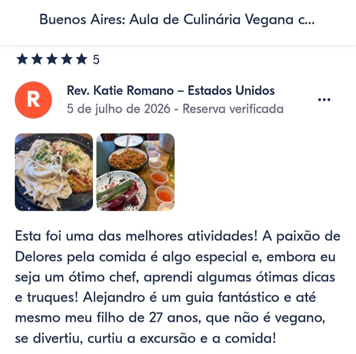 Avaliações dos nossos passageiros da nossa aula culinaria vegana com almoço em Buenos Aires. Seus comentários refletem melhor quem somos e o que oferecemos.