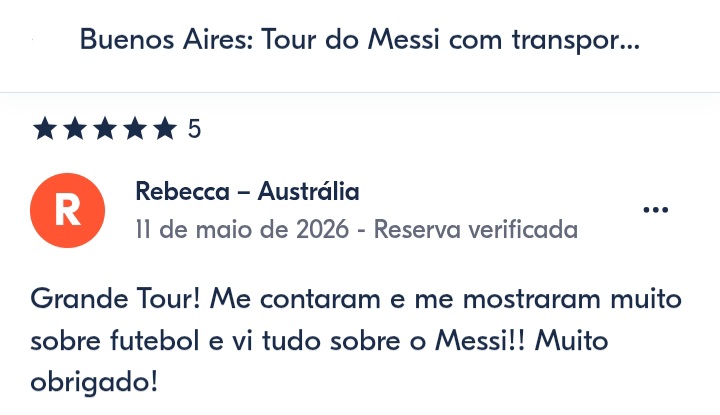 Avaliações dos nossos passageiros do nosso tour de Messi em Buenos Aires. Seus comentários refletem melhor quem somos e o que oferecemos.
