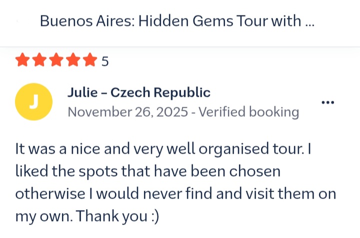 A review from our passengers rating our Buenos Aires' Hidden Gems Tour.