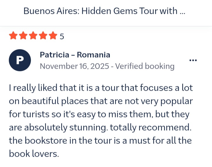 A review from our passengers rating our Buenos Aires' Hidden Gems Tour.