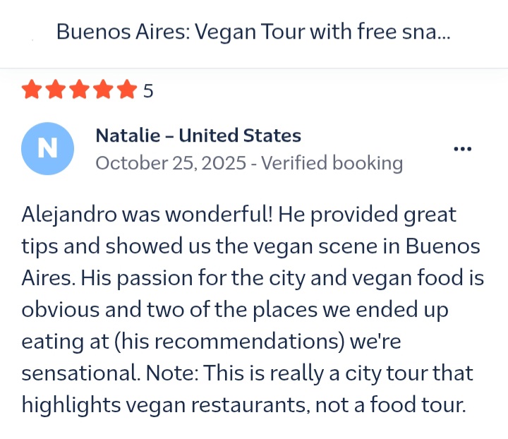 A review from our passengers rating our Buenos Aires' Vegan Tour.