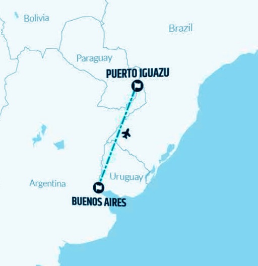 Our travel flight route from Buenos Aires to Iguazu. Book this all-inclusive 4 days trip offer.