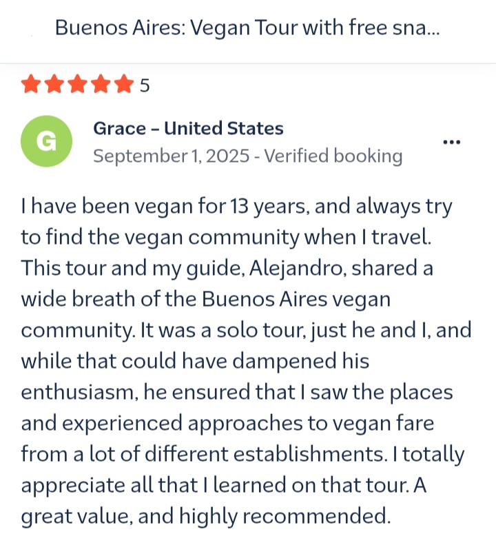A review from our passengers rating our Buenos Aires' Vegan Tour.
